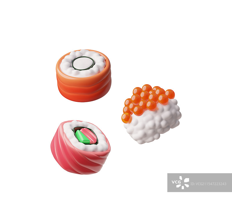 三维寿司卷，配有三文鱼、金枪鱼和红鱼子酱图片素材