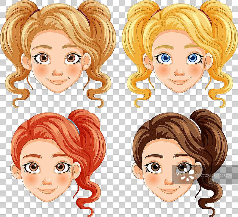 四个不同表情的卡通女性面孔图片素材