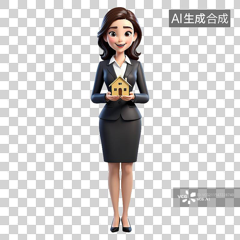 【AI数字艺术】拿着金色房子的3D金融办公女士白领卡通元素图片素材