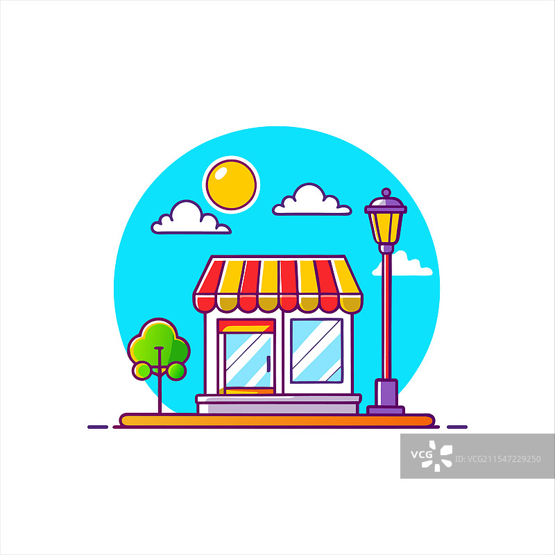 购物车和商店建筑的卡通图案图片素材