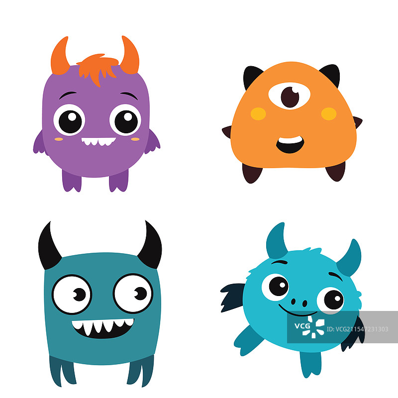 一组可爱又吓人的角怪兽吉祥物卡通形象图片素材
