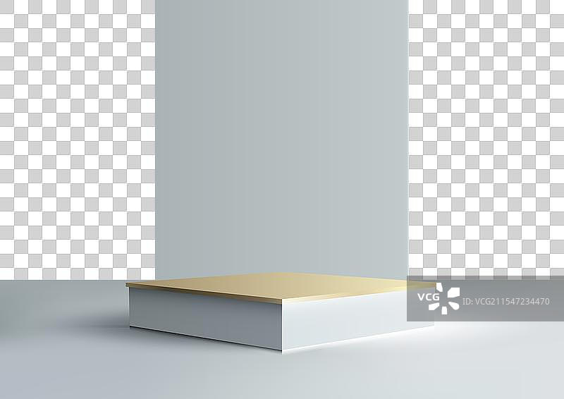 白色桌子上的3D白色展台，顶部为金色图片素材