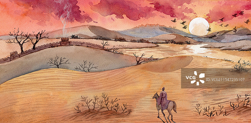 大漠孤烟直插画图片素材