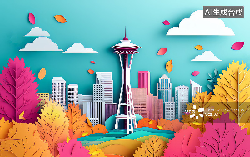 【AI数字艺术】电视塔和城市建筑剪纸贴画图片素材