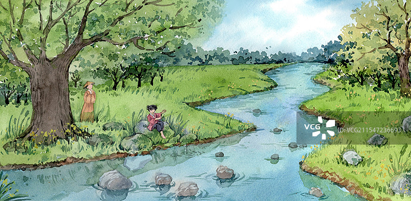 小儿垂钓插画图片素材
