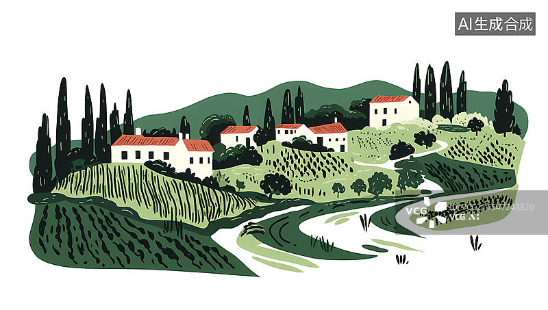 【AI数字艺术】田园风光插画图片素材