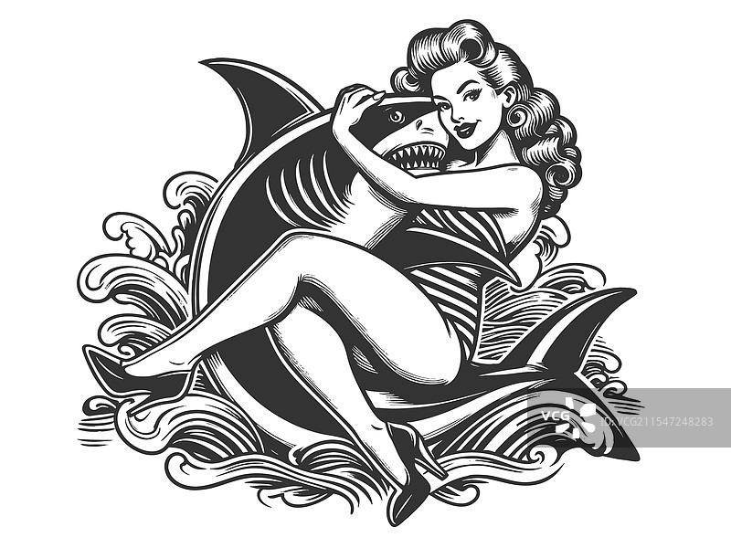 性感女郎拥抱鲨鱼图片素材