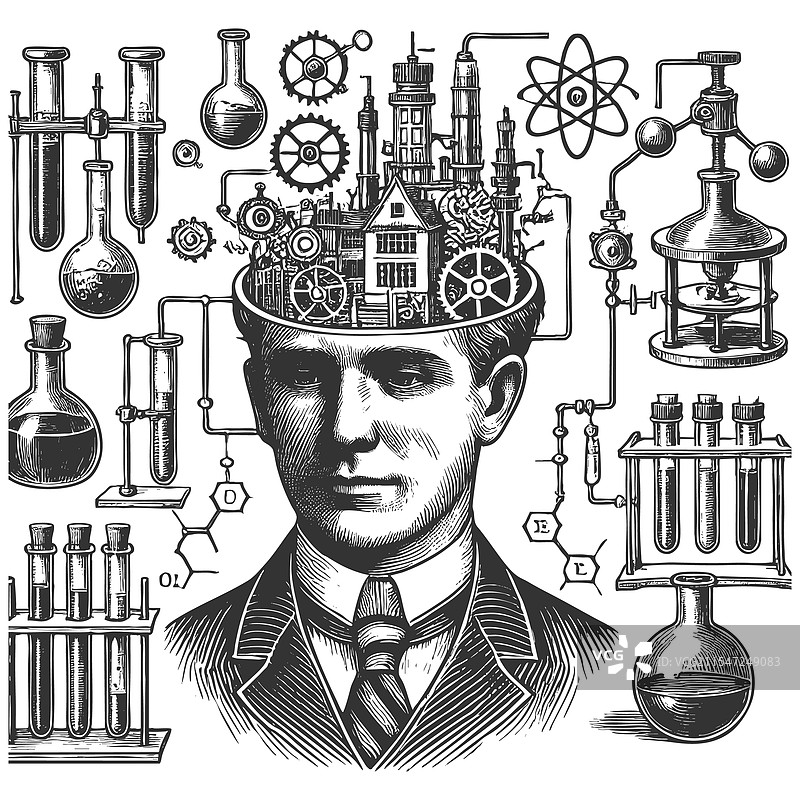 科学家与脑部机械装置图片素材