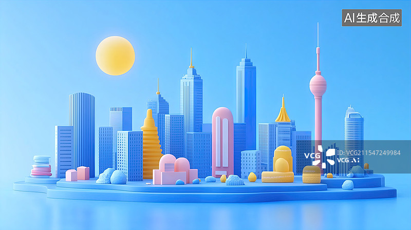 【AI数字艺术】梦幻蓝色城市景观图片素材