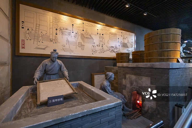 古代造纸流程场景复原 蒸煮 荡帘抄纸 中国文字博物馆图片素材
