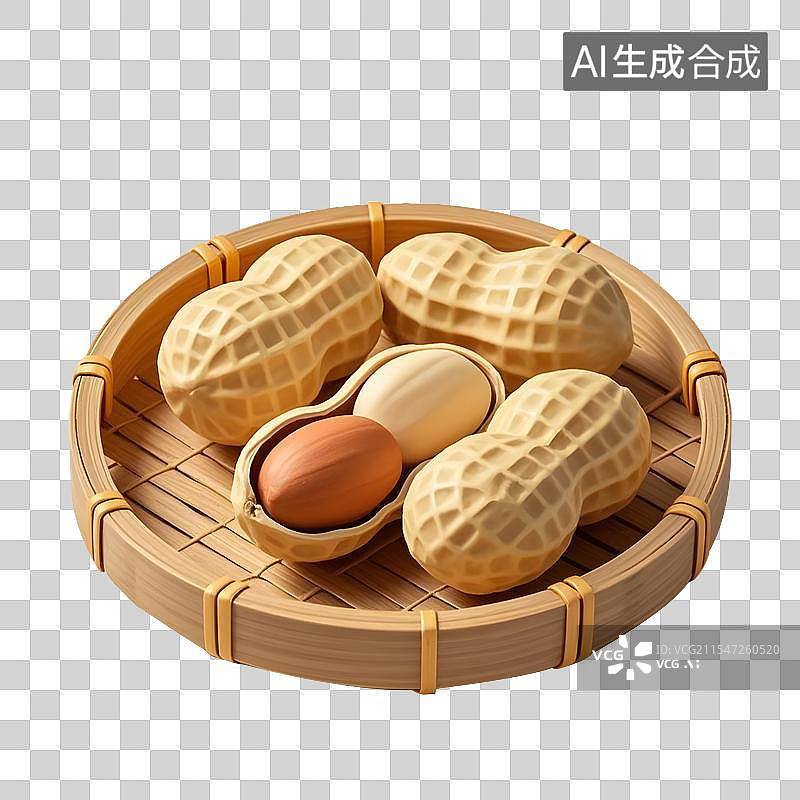 【AI数字艺术】逼真的详细3D花生和花生壳装在小竹篮子里图片素材