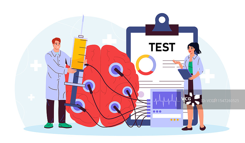 医生进行脑部研究，男女参与其中。图片素材