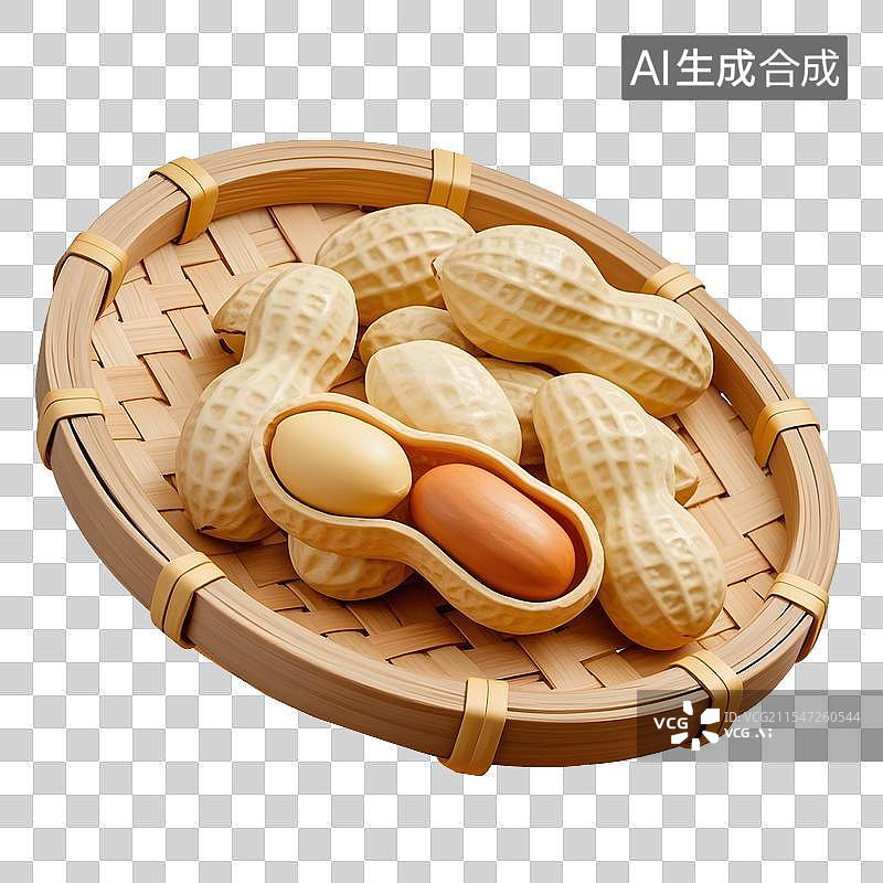 【AI数字艺术】逼真的详细3D花生和花生壳装在小竹篮子里图片素材
