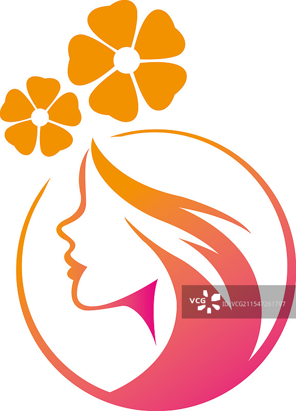 金色美容院标志，带有女性面孔和花朵图片素材