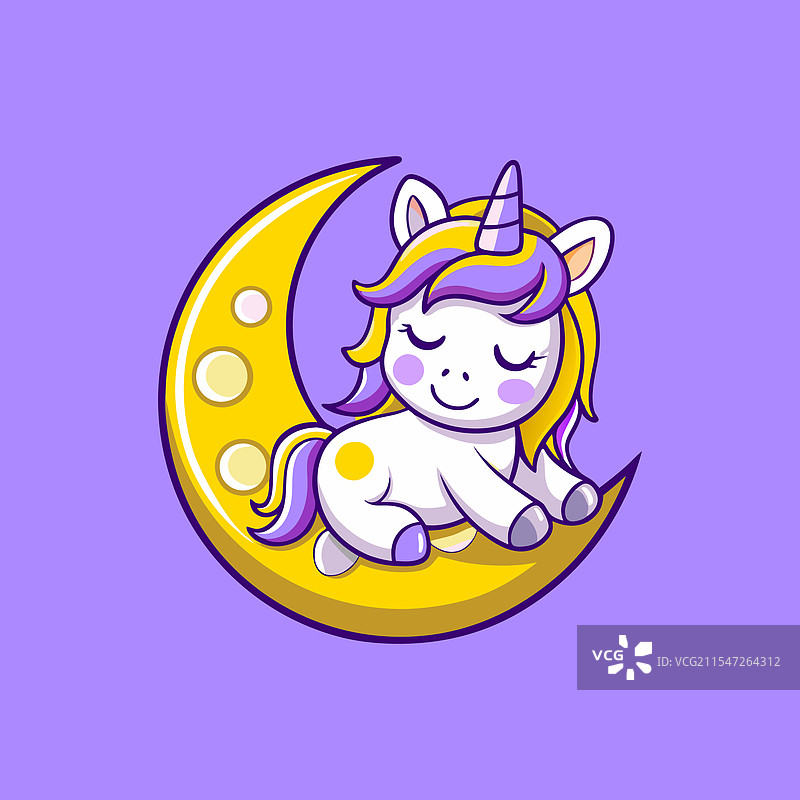 可爱的卡通独角兽在新月上睡觉图片素材