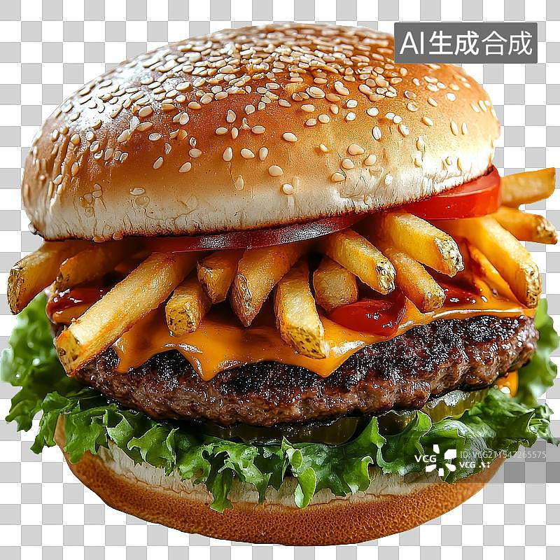 【AI数字艺术】免抠|美味双层芝士汉堡包配薯条图片素材