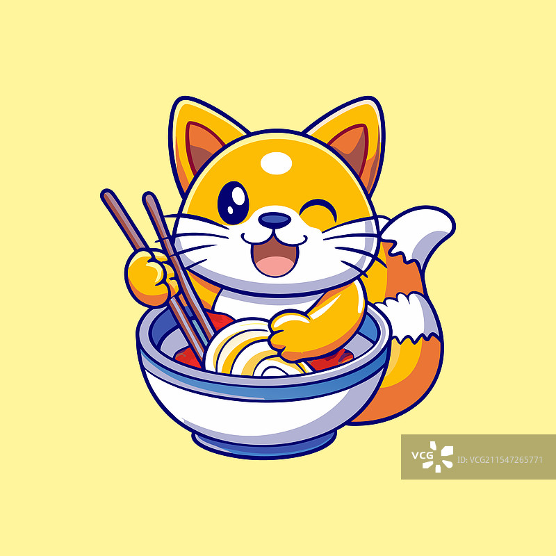 可爱的狐狸角色在吃拉面图片素材