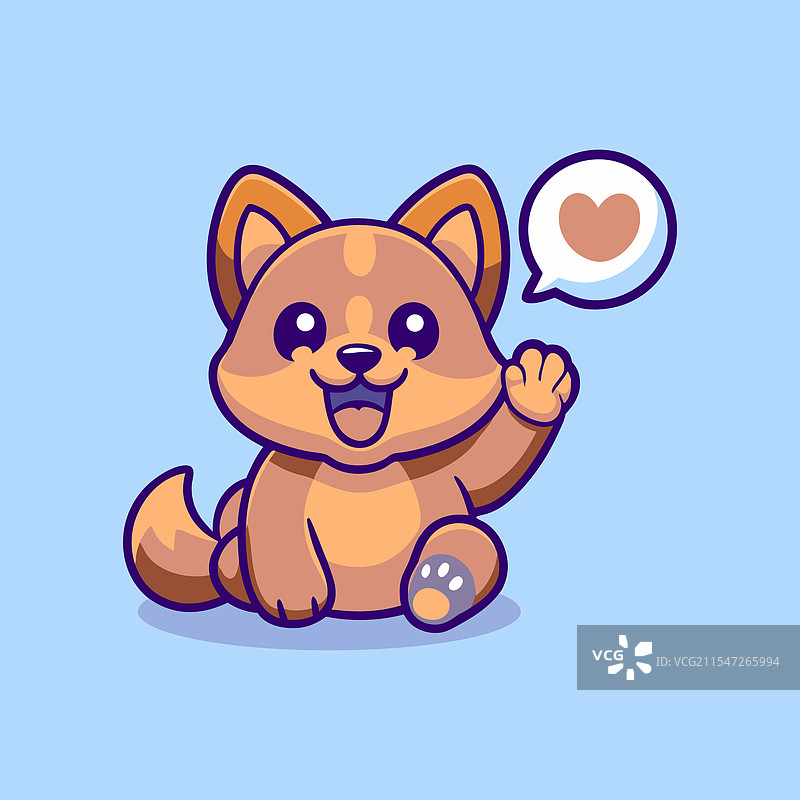 可爱的狗狗挥手并带有心形对话气泡的卡通形象图片素材