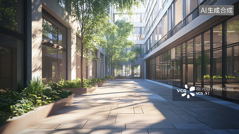 【AI数字艺术】绿化商业步行街，现代都市建筑融合自然图片素材