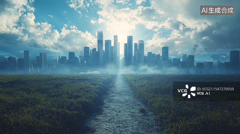 【AI数字艺术】晨雾中的现代城市远景图片素材