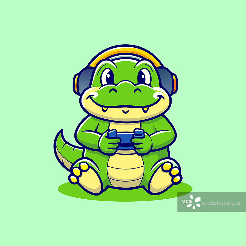 可爱的绿色鳄鱼玩家戴着耳机图片素材
