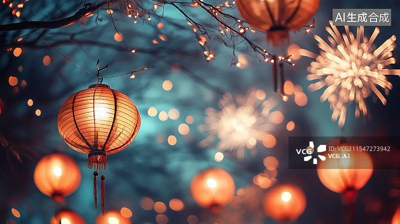 【AI数字艺术】春节灯笼和烟花图片素材