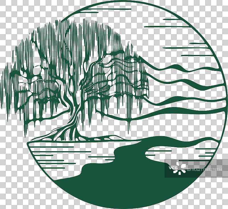 河岸上的柳树与远处的山脉图片素材