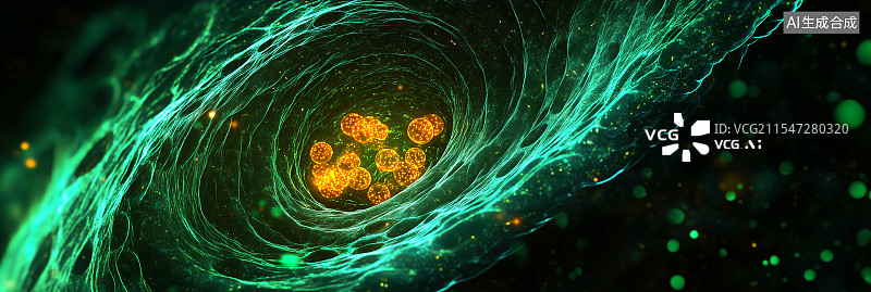 【AI数字艺术】绿色发光细胞结构与病毒细菌的微观视图图片素材