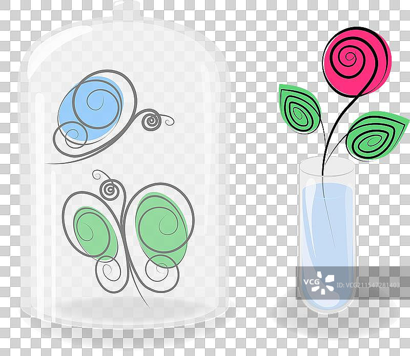 透明容器中盛放着水的风格化玫瑰图片素材