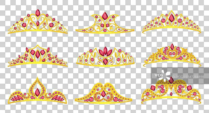 美丽的金色公主皇冠和头饰图标集图片素材