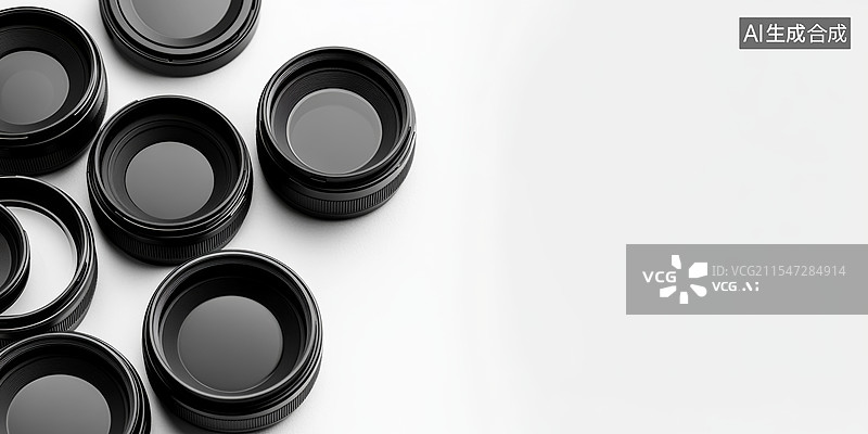 【AI数字艺术】一组排列整齐的相机镜头，背景是纯白色的。镜头分布在画面的四周，图片素材
