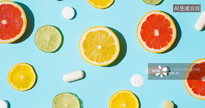 【AI数字艺术】一组新鲜的柑橘类水果切片和药片，背景是明亮的蓝色。图片素材