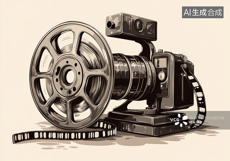 【AI数字艺术】一台复古的电影摄影机，旁边放置着一个大型的胶片卷轴。图片素材