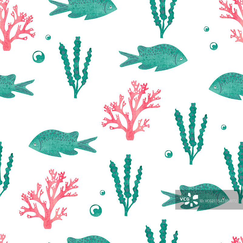 水彩无缝图案，包含海洋鱼类和图片素材