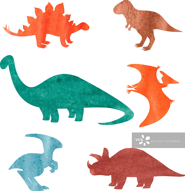 水彩恐龙套装 彩色剪影图片素材
