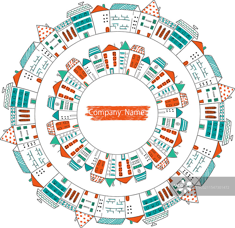 圆形标志，带有涂鸦房屋的城市景观框架图片素材