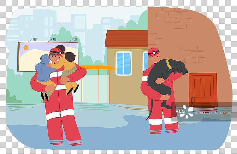 紧急救援人员抱着孩子和一只狗前往图片素材