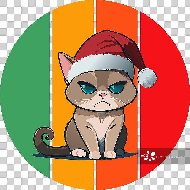 愤怒的圣诞猫戴着圣诞老人帽，复古节日风格图片素材