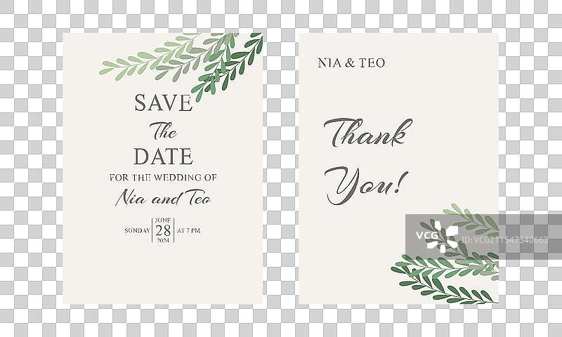 婚礼请柬上的优雅绿叶设计图片素材