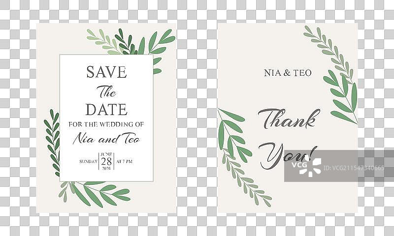 婚礼请柬上的优雅绿叶图片素材