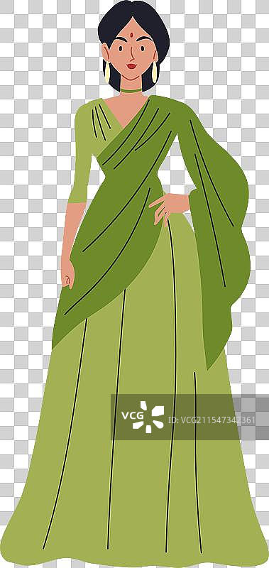 穿着优雅绿色连衣裙的印度女性图片素材