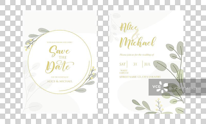 婚礼请柬上的优雅绿叶设计图片素材
