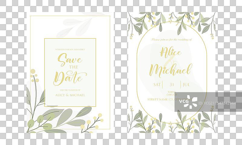 婚礼请柬上的优雅绿叶设计图片素材