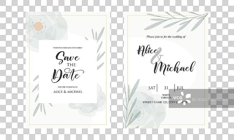 婚礼请柬上的优雅绿叶图片素材