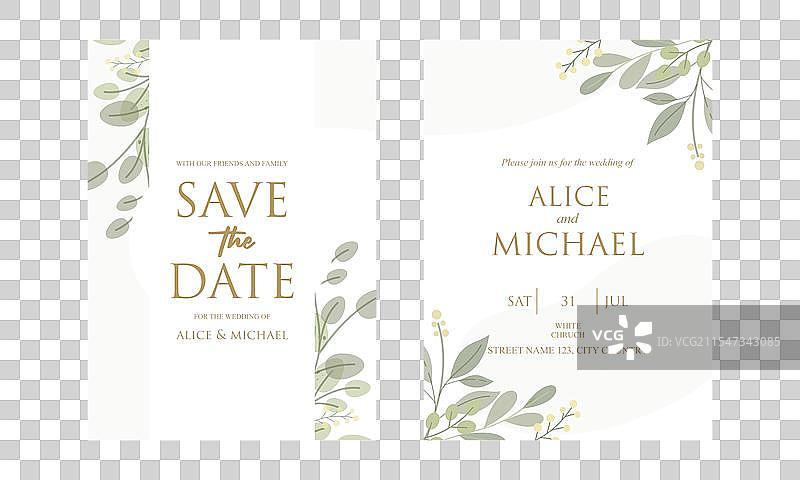 婚礼请柬上的优雅绿叶图片素材