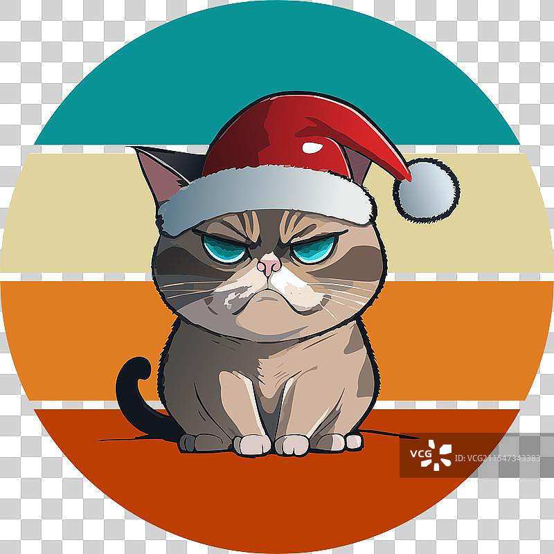 愤怒的圣诞猫戴着圣诞老人帽，复古节日风格图片素材