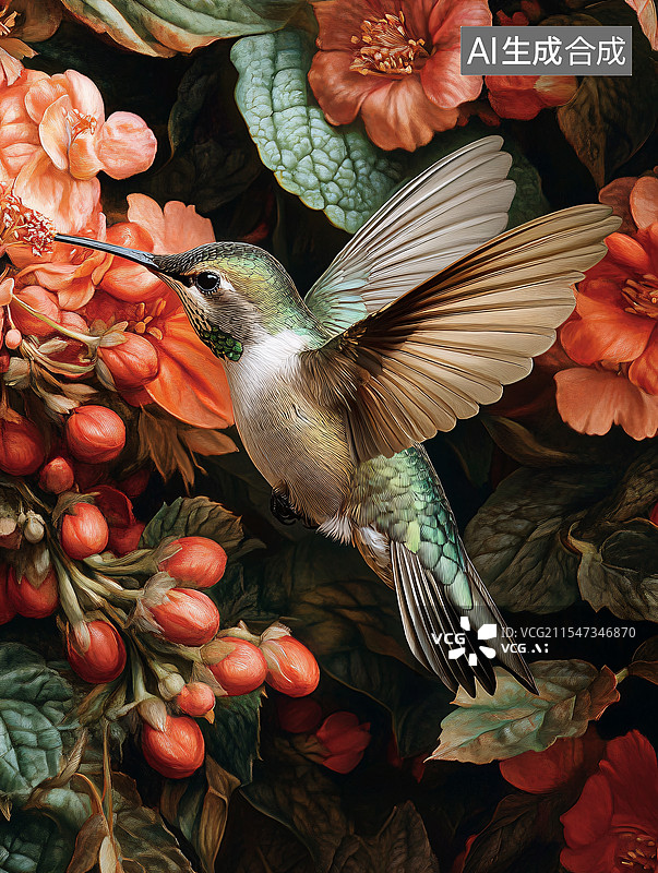 【AI数字艺术】花间的蜂鸟图片素材