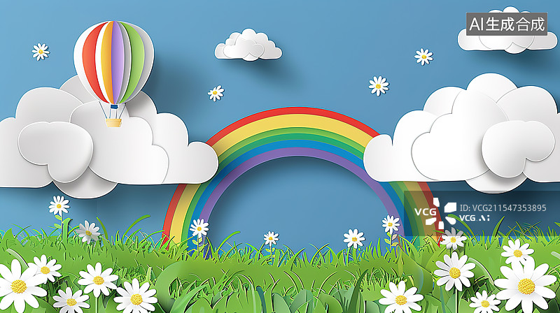 【AI数字艺术】剪纸风格3D蓝天白云草地彩虹背景插画图片素材
