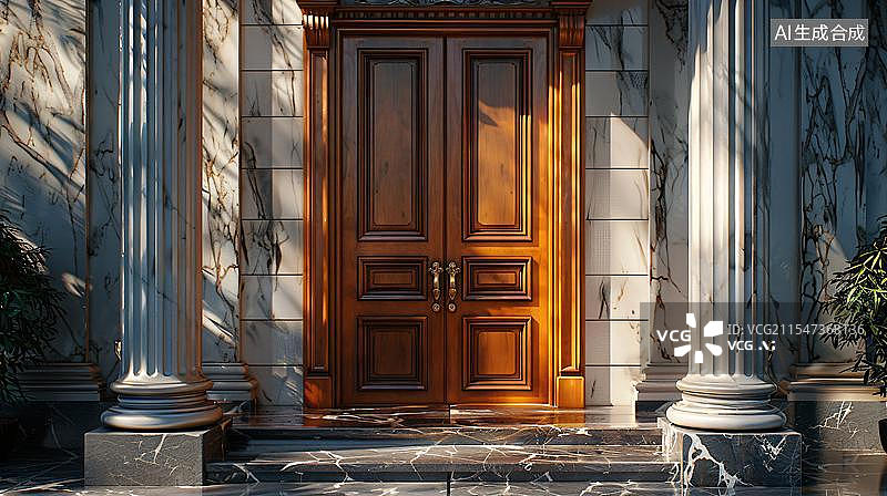 【AI数字艺术】建筑的庄严之门  阳光下的精致木门艺术图片素材