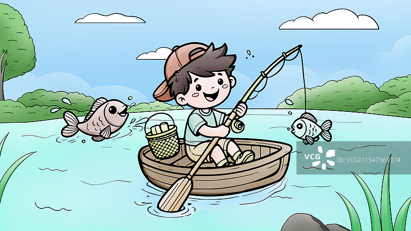 男孩船上钓鱼儿童卡通风格插画图片素材
